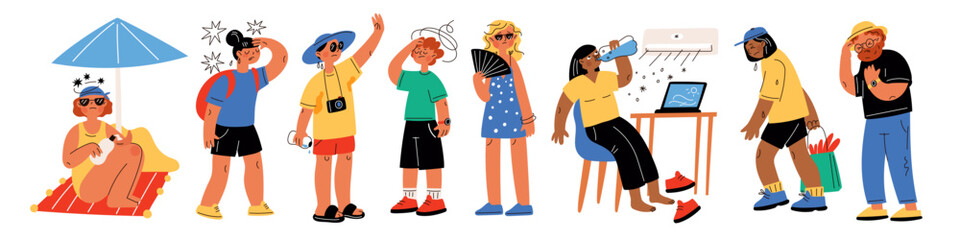 People suffer from heat. Global warming. Weather hot temperature. Sunstroke probability. Increased sweating. Tired man with hat. Woman drink water. Summer season. Garish vector set