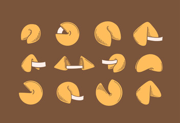 Chinese fortune cookies vector illustration. Chinese New year dessert prophecy cookie in doodle style.