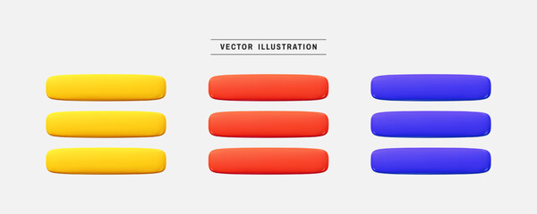 Colorful menu button 3d icon set. realistic design elements collection. vector illustration in cartoon minimal style
