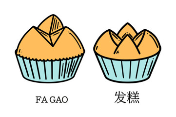 Fa gao translation from Chinese fortune cake vector illustration. Chinese New year dessert in doodle style.