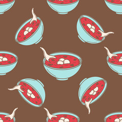 Hong dou tang, sweet Chinese red bean soup. Chinese New year dessert vector illustration in doodle style.
