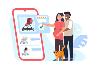 Pregnant woman is shopping online for baby. Couple buy stroller. Smartphone application. Family search and choose buggy for newborn toddler. Customers make purchase. Vector concept