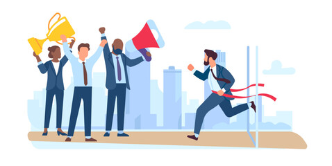 Running man crosses finish line. Business competition. Entrepreneurs leadership. Employees achievement. Worker sprinting to winners award. Colleagues celebrating victory. Vector concept