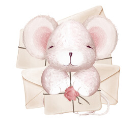 Cute Valentines Day plush fluffy baby mouse or mousekin in full growth surrounded by love letters. Cartoon child character. Digital illustration in the watercolor style. Greeting card.