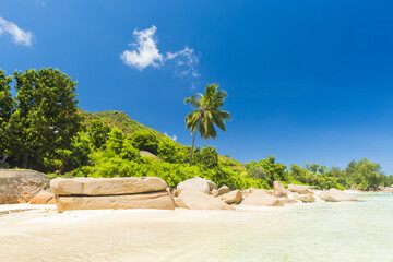 Anse Takamaka beach on Praslin Island in Seychelles