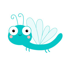 Dragonfly icon. Cute cartoon kawaii funny baby character. Blue wings dragon fly Insect collection. Smiling face, horns. Kids childish clip art. White background. Isolated. Flat design.
