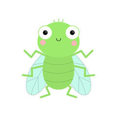 Fly insect icon. Green housefly flying standing bug. Baby kids collection. Transparent wings. Cute cartoon kawaii funny character. Smiling face. Flat design. White background.