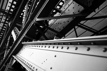 Steel beams with rivets and screws forming the compilicated construction of the historic...