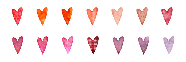 Watercolor hand drawn set of objects, textured red, pink and purple hearts for Valentine's day. Isolated on white background. Design for paper, love, greeting cards, textile, print, wallpaper, wedding