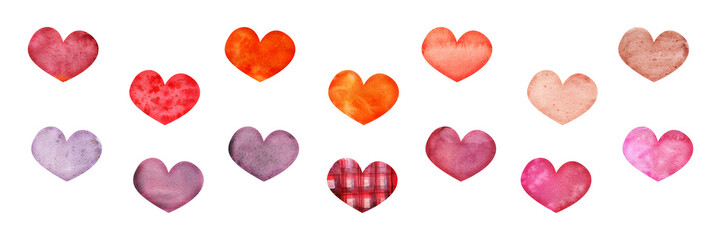 Watercolor hand drawn set of objects, textured red, pink and purple hearts for Valentine's day. Isolated on white background. Design for paper, love, greeting cards, textile, print, wallpaper, wedding