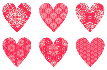 Valentine's Day assortment of red hearts decorated with white lace patterns. Symbols of love, romance., passion, wedding. Transparent png asset for overlay, cards, montage, background, banner.