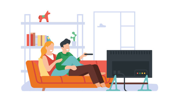 Young couple is watching movie. People sitting together on sofa in front of TV screen. Family hugging in couch. Home entertainment. Film television showing in living room. Vector concept