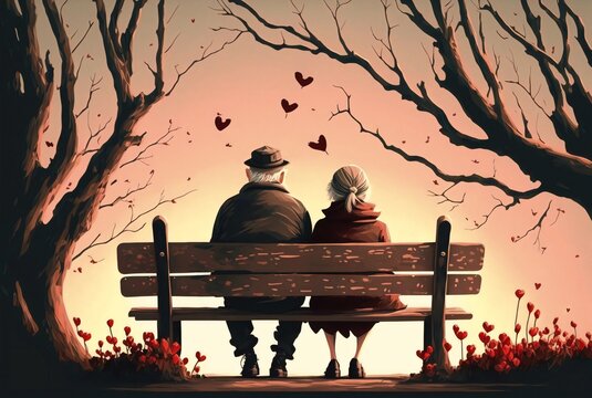 An old couple in love sitting on a bench, view from behind, romantic, nostalgic, Valentine's day AI Generative illustration.