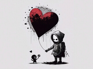A cute cloaked ripper holding a red balloon in shape of heart, Valentine's day AI Generative illustration. - obrazy, fototapety, plakaty