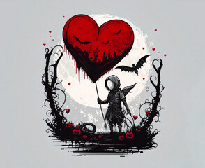 A cute cloaked ripper holding a red balloon in shape of heart, cute, inky, drawing ,Valentine's day AI Generative illustration. - obrazy, fototapety, plakaty