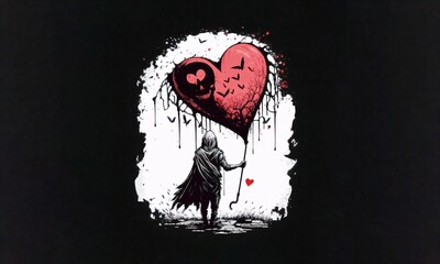 A dark cloaked figure holding a red balloon in shape of heart, on black background, ink, drawing, dark, Valentine's day AI Generative illustration.