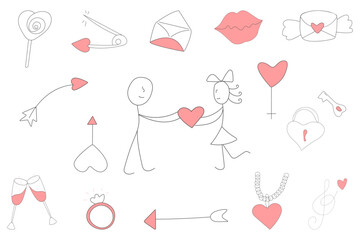 Valentines day greeting card.Retro style Valentine's day. 2000s.Retro y2k style.Cartoon style. Retro elements.Retro style Valentine's day. Doodle valentine's set in y2k style.