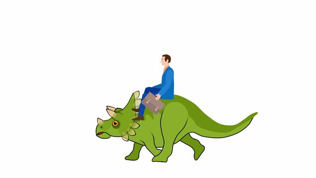 Man sitting on triceratops dinosaurs and walking loop 2d animation