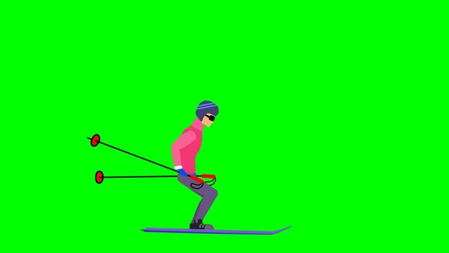 skier man skiing 2d animation cartoon green screen