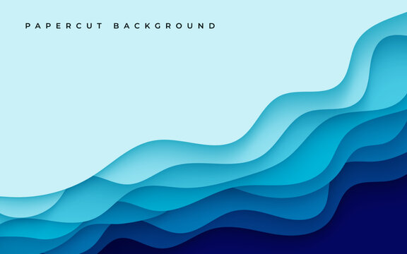 Multi layers blue color texture 3D papercut layers in gradient vector banner. Abstract paper cut art background design for website template. Topography map concept or smooth origami paper cut