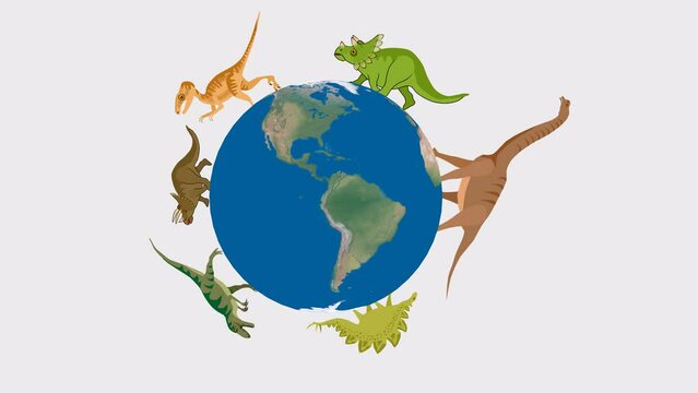 Dinosaurs walks around the rotationg earth globe 2d animation clip