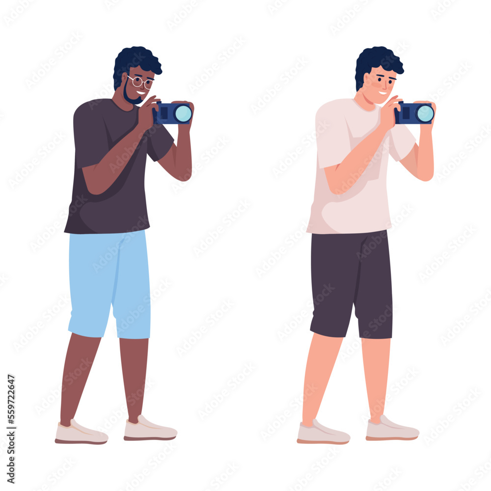 Aufkleber making sightseeing pictures semi flat color vector character set. editable figure. full body person 