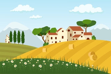 Rural landscape with houses, a field, trees and a meadow with daisies. Beautiful summer fields scenery with green hills, bright color blue sky and Village. Vector illustration in flat style