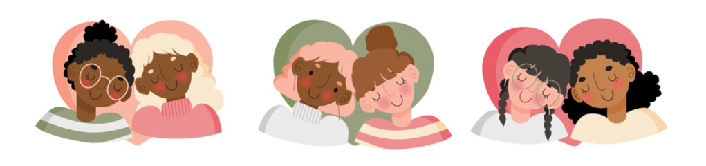 Three cute lesbian couple, vector illustrations, girls in love, valentine day