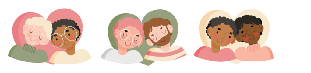 Three cute gay couple, vector illustrations, boys in love, valentine day