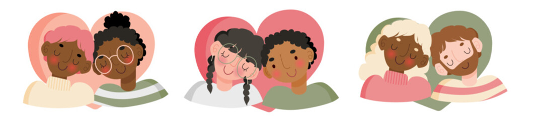 Three cute couple, vector illustrations, people in love, valentine day