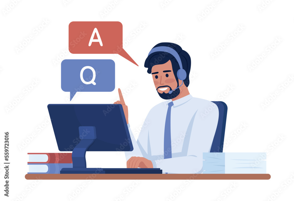 Poster live chat operator semi flat color vector character. editable figure. full body person on white. sim
