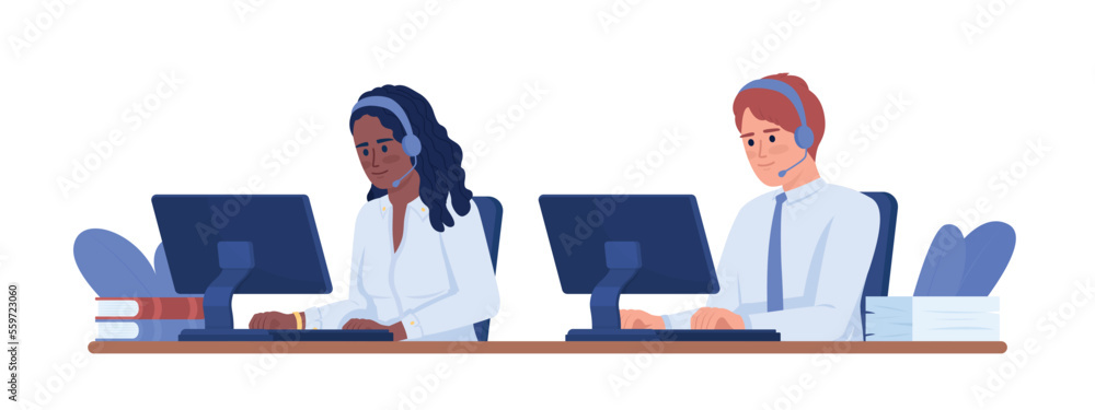 Poster dispatchers in call center semi flat color vector characters. 911 operators. editable figures. full 
