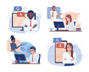 Client service professionals 2D vector isolated illustration set. Flat characters on cartoon background. Colorful editable scene pack for mobile, website, presentation. Sniglet Regular font used