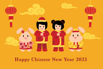 Chinese new year card with girl, boy and rabbits