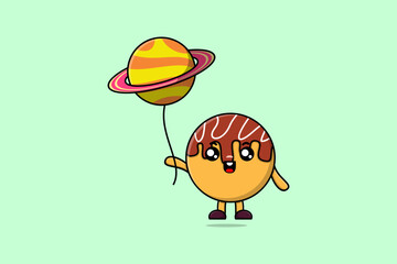 Cute cartoon Takoyaki floating with balloon cartoon vector illustration 