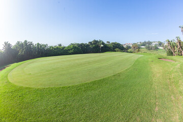 Golf Course Beach Hole Putting Green Sand Traps Scenic Summer Lifestyle Holiday Landscape.