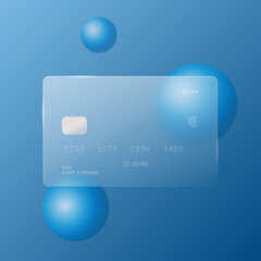 A credit card with highlights and reflections on an abstract blue background. Transparent map in the style of glassmorphism. Vector illustration.