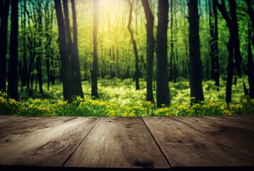 Wooden Table With Spring Forest Background Generative AI