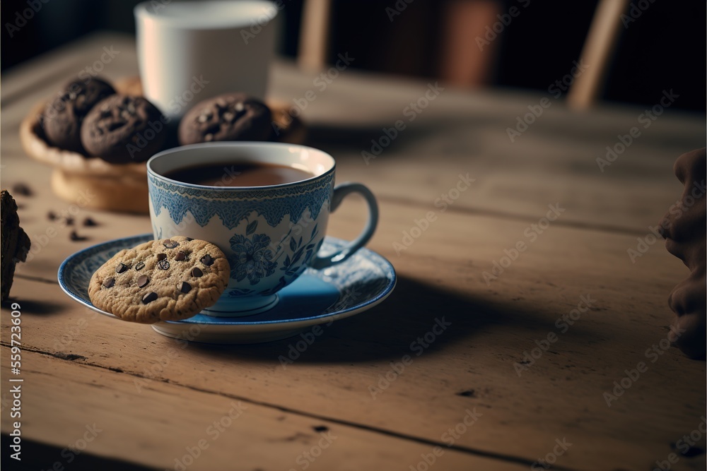 Poster a cup of coffee and a cookie on a table with a person holding a cookie in their hand and a plate wit