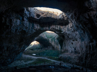 Drone view inside Devetashka cave in north Bulgaria, near Lovech town
