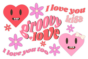 Retro style Valentine's day. Y2k collection. 2000s. Retro y2k style. Cartoon style. Retro elements. Retro style Valentine's day. Valentines day greeting card. Doodle valentine's set in y2k style.