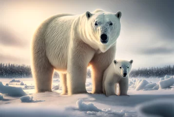 Foto op Canvas illustration of Mother and baby polar bear, family in the snow in winter (generative AI) © Jorge Ferreiro