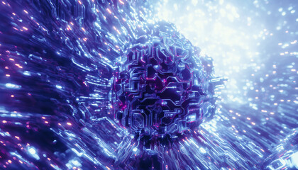 An abstract computer virus, bursting with colorful lights and effects, captures the complex and dangerous nature of this digital threat. Generative AI