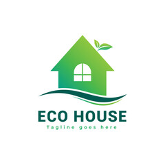 Eco house logo with green leaf vector logo design