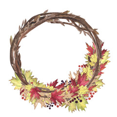 Willow wreath withe watercolor with autumn leaf isolated on white. Hand drawing Thanksgiving illustration design