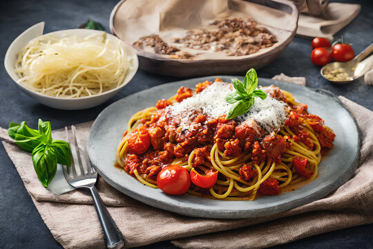 Spaghetti with tomato sauce and basil. Generative AI
