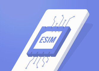 eSIM - digital sim technology concept. Programmable electronic SIM card for mobile phones. Close up isometric smartphone with esim icon on the screen - obrazy, fototapety, plakaty