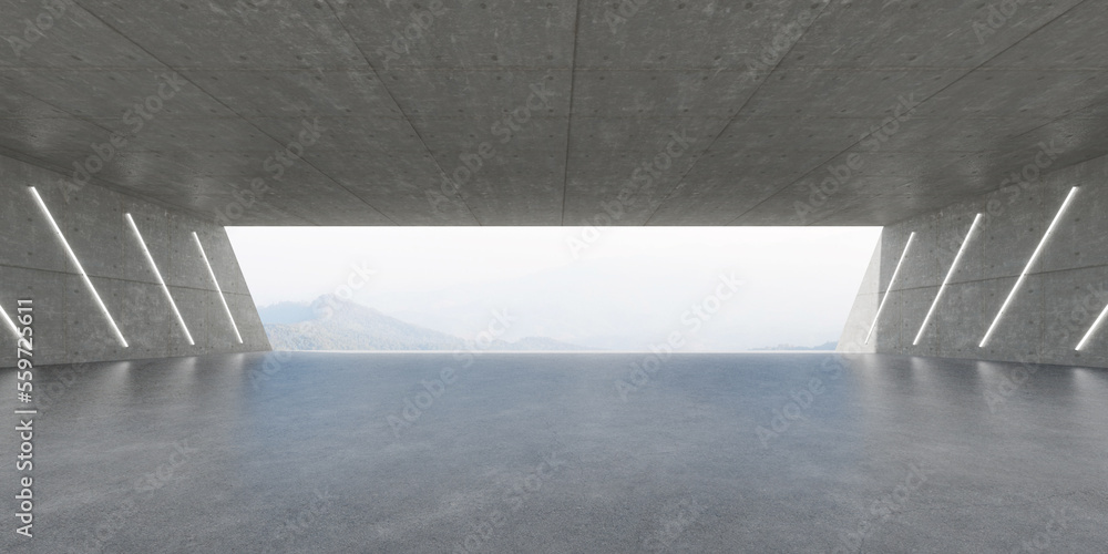 Poster 3d render of empty concrete room on mountain background.