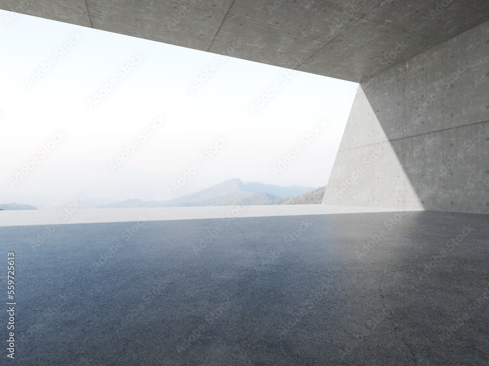 Leinwandbilder 3d render of empty concrete room with large window on mountain background.