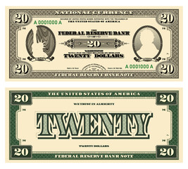 Naklejka na ściany i meble Vector new 20 dollars banknote. Obverse and reverse of US paper money in retro style with ovals. Ribbons with inscriptions, Liberty and Jackson.